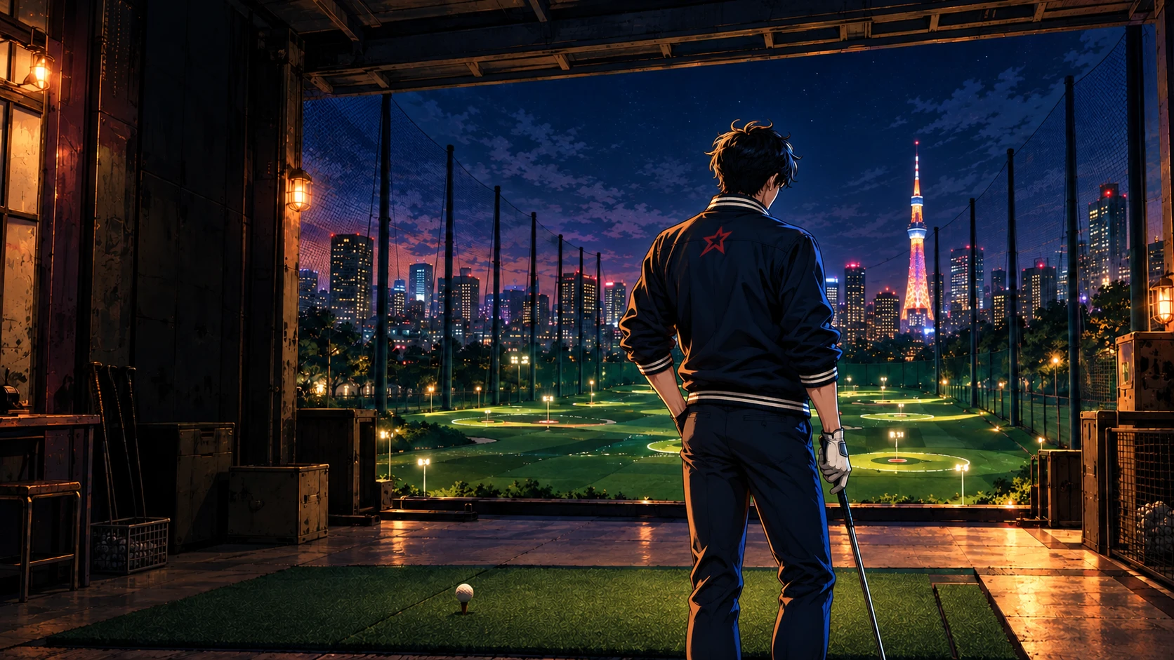 Established Rising Star menu illustration: a golfer facing an illuminated Tokyo rooftop course.