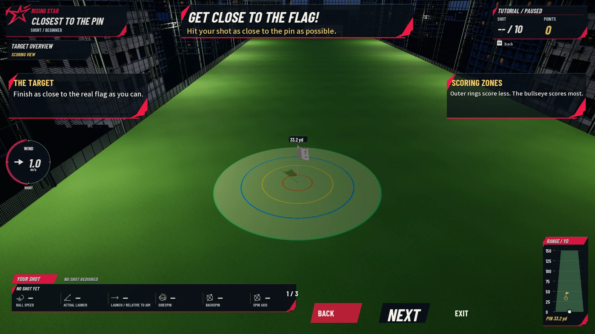 Actual Nova-mode Closest to the Pin tutorial interface, with scoring zones and no controller swing meter.